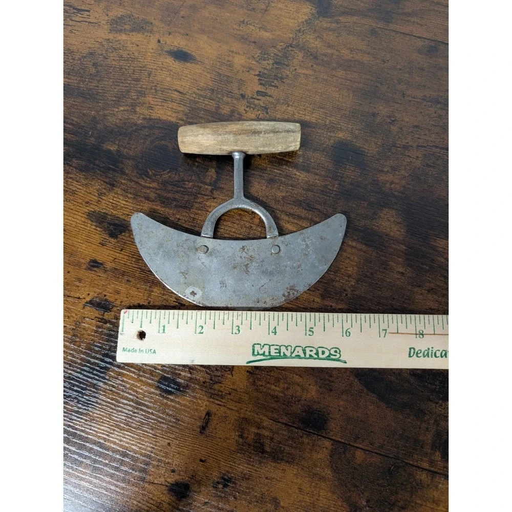Vintage Ulu Mezzaluna Herb Chopper Crescent Rocking Knife Wood Handle